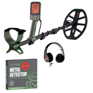 minelab x-terra pro metal detector with the green frog remote control box cover
