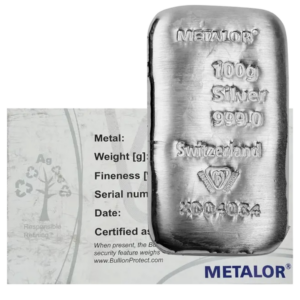 Metalor 100 gram cast silver bar